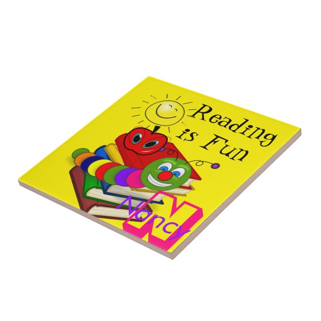 Cerâmica Bookworm de Azulejo cerâmico, Livros, Sol, Amarelo (Lateral)