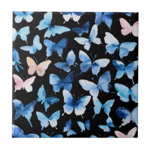 Cerâmica "Borboletas azuis Azulejo cerâmico de aquarela: Ar