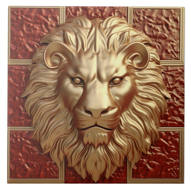Cerâmica Cabeça de Leão Majestosa com Azulejo de Borda Ouro (Frente)