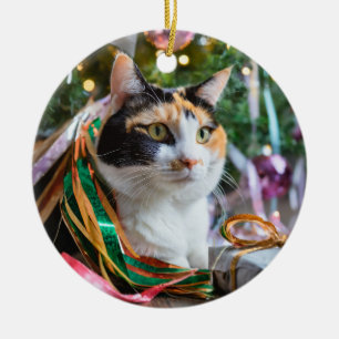 Cerâmica Calico Cat em um Ornamento de Férias