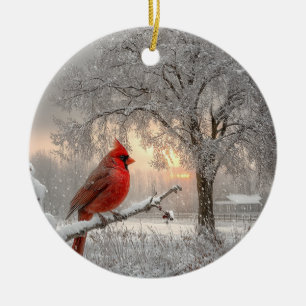 Cerâmica Cardinal em um Ramo Nevado Ornamento de Círculo de