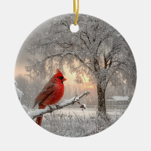 Cerâmica Cardinal em um Ramo Nevado Ornamento de Círculo de (Frente)