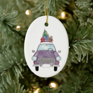 Cerâmica Carro Violeta com Ornamento Cerâmico de Presentes