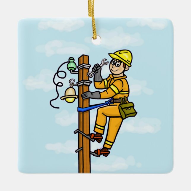 Cerâmica Cartoon Lineman Trabalhando No Ornamento De Polos (Frente)