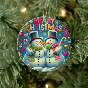 Cerâmica Casal Bonito de Neve com Ornamento de Chapéus