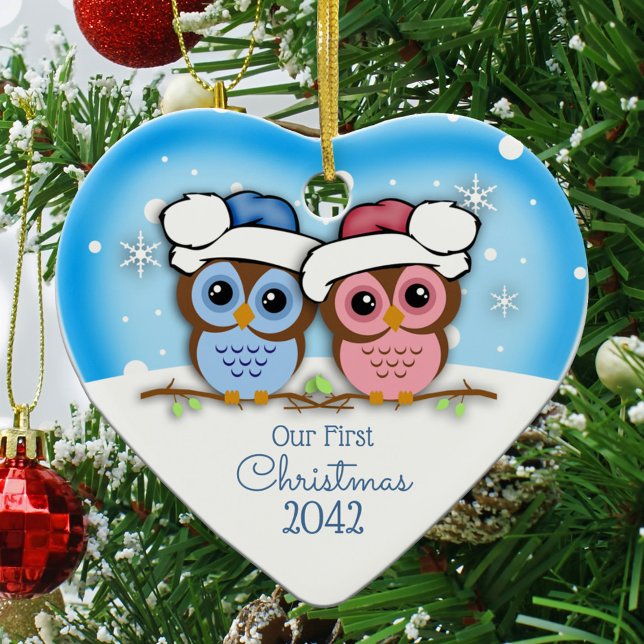 Cerâmica Casal Cutie Owl Primeiro Ornamento de Natal (Criador carregado)