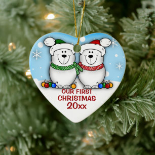 Cerâmica Casal de Urso Polar Primeiro Ornamento de Natal