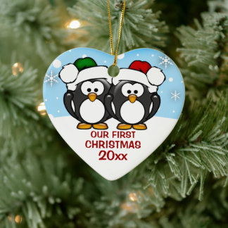 Cerâmica Casal Pinguim Primeiro Ornamento de Natal