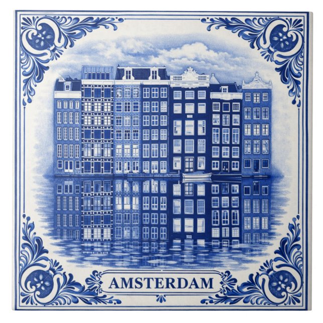 Cerâmica casas do canal de Amsterdã com azulejo estilo Delf (Frente)