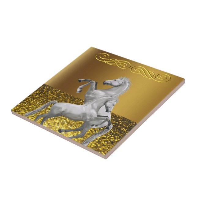 Cerâmica Cavalo Branco Dourado de Azulejo cerâmico (Lateral)