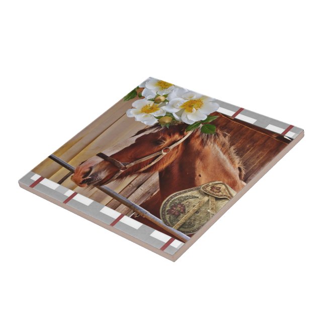 Cerâmica Cavalo Floral Branco de Azulejo cerâmico (Lateral)