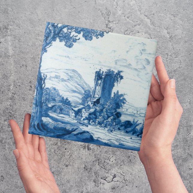 Cerâmica Cena Azul e Azulejo Branca de Repro Delft (vintage blue and white Delft tiles )