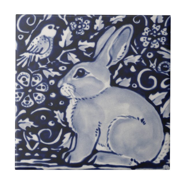 Cerâmica Coelho Azul e Branco com Design de Azulejo de Páss (Frente)