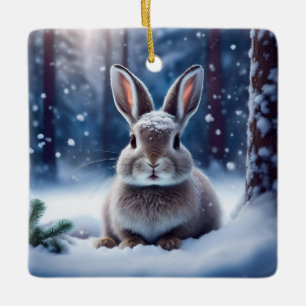 Cerâmica Coelho Fofo na Floresta Coberta de Neve Ornamento