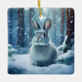 Cerâmica Coelho Fofo na Floresta Coberta de Neve Ornamento 