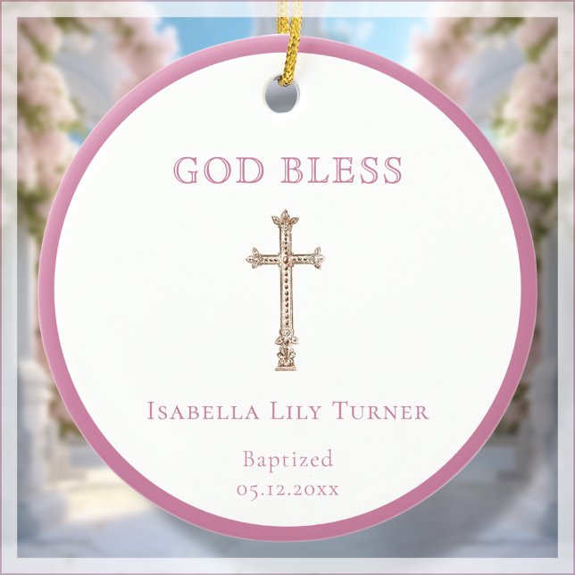 Cerâmica Cor de Rosa | Baptism Keepsasaem Ornamento Cerâmic (Criador carregado)