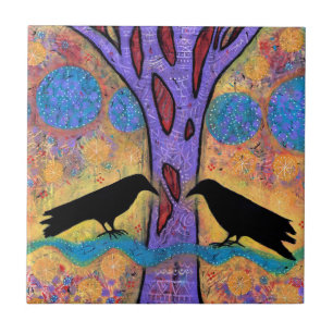 Cerâmica Dois Ravens Sentados e Refletem no Azulejo de Cer
