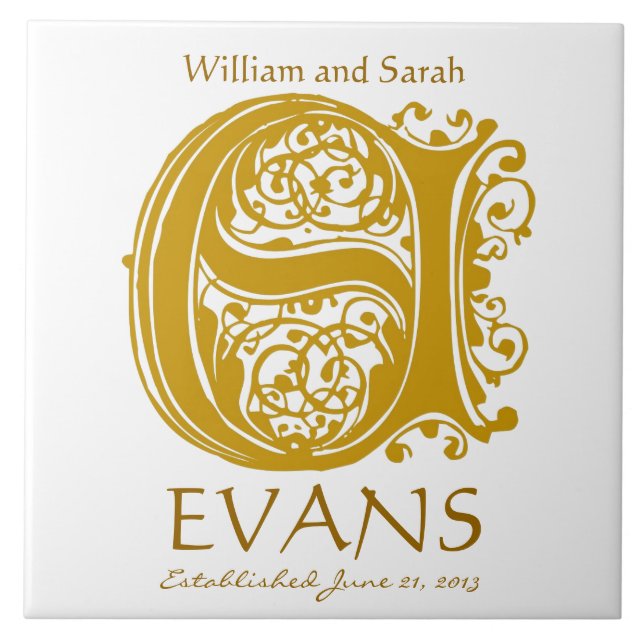 Cerâmica E Monograma Dourado em Branco - Nomes Azulejo de D (Frente)