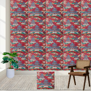 Cerâmica Elegante Chinoiserie Pagoda e Azulejo Floral de Pa