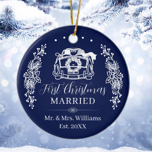 Cerâmica Elegante Ornamento de Natal de Carro Casados Azul 