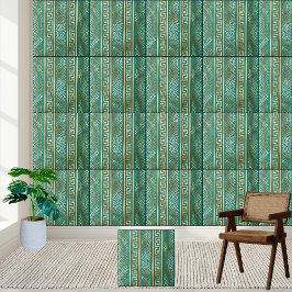 Cerâmica Elegante Teal e Dourado Azulejo de Padrão Grego