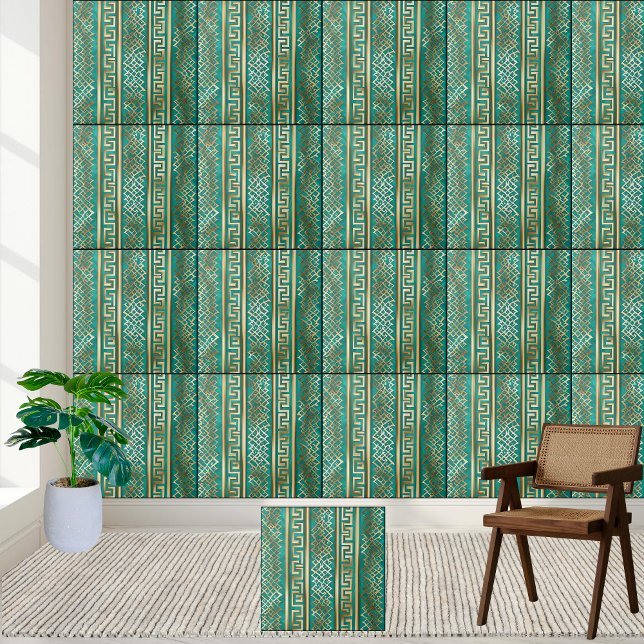 Cerâmica Elegante Teal e Dourado Azulejo de Padrão Grego (Elegant Teal and Gold Greek Key Pattern Tile)