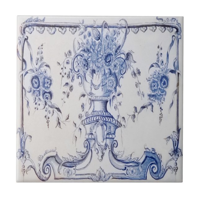 Cerâmica Excluir Azulejo com Urn de Flores - Azul e Branco (Frente)