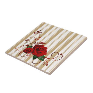 Cerâmica Faixa de Azulejo Bege e Branco Faixa Rosa Vermelho