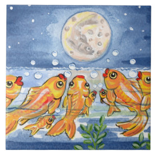 Cerâmica Família de peixes e Trivet de Azulejo Azul Lua de
