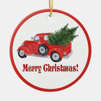 Cerâmica Feliz Natal Red Truck e Ornamento de Árvores