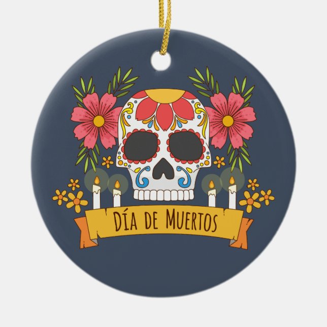 Cerâmica Floral Skull Dia de los Muertos | Ornamento (Frente)