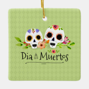 Cerâmica Floral Sugar Skulls Dia de Muertos   Ornamento