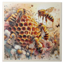 Cerâmica FLORES DE ABELHAS DE MEL EM HONEYCOMB | Azulejo ce