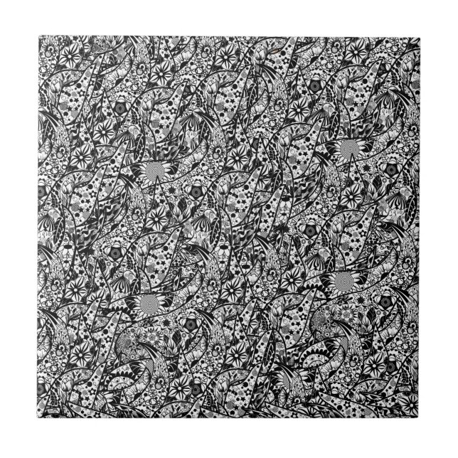 Cerâmica Flores de Azulejo Arte Abstrato Preto e Branco (Frente)