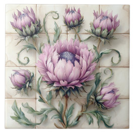 Cerâmica Flores de Cardo Rosa em Azulejo Cerâmico