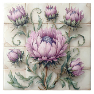 Cerâmica Flores de Cardo Rosa em Azulejo Cerâmico