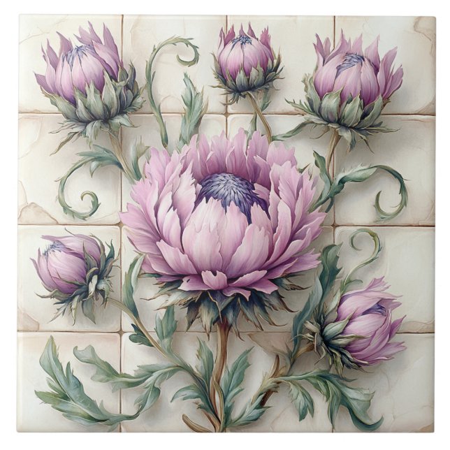 Cerâmica Flores de Cardo Rosa em Azulejo Cerâmico (Frente)