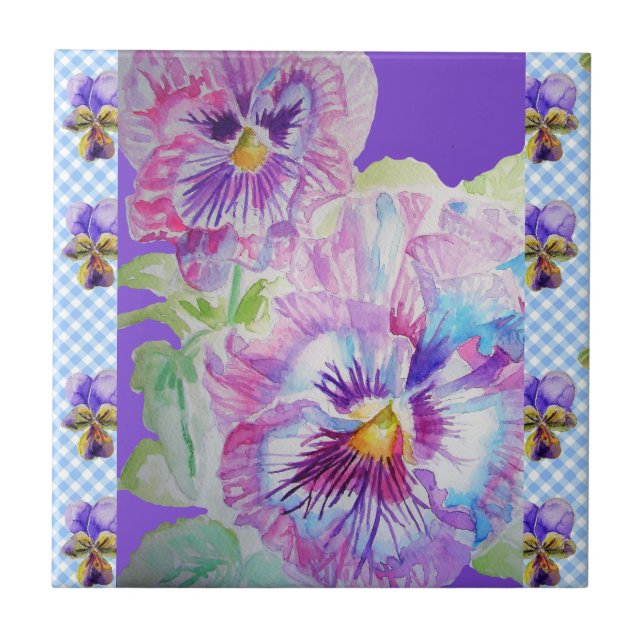 Cerâmica Flores de Pansy Púrpura com água viola Azulejo cer (Frente)