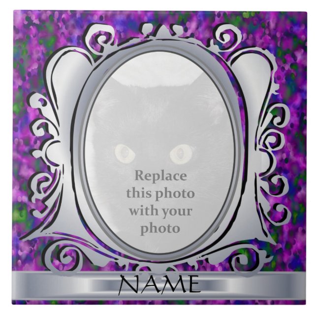 Cerâmica Foto Oval Roxo Silver com Azulejo de Nome (Frente)