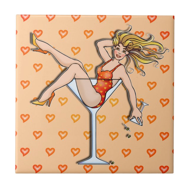 Cerâmica Garota Pin-UP Em Azulejo De Vidro Martini (Frente)