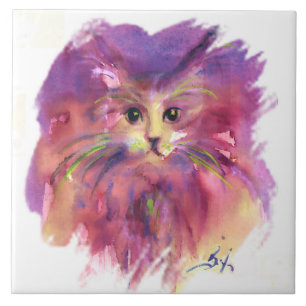 CERÂMICA  GATINHO ROXO, RETRATO DE GATO EM AZULEJO CERÂMICO