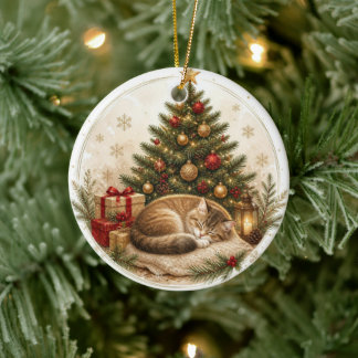 Cerâmica Gato Aconchegante Sob Ornamento de Árvore de Natal