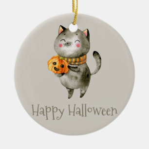 Cerâmica Gato de Halloween bonito com abóbora Ornamento