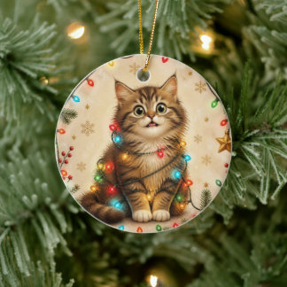 Cerâmica Gato Engraçado Envolto em Ornamento de Luzes de Na