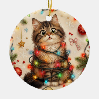 Cerâmica Gato Engraçado Envolto em Ornamento de Luzes de Na