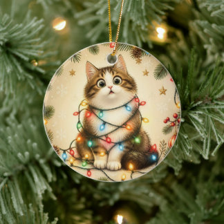 Cerâmica Gato Engraçado Envolto em Ornamento de Luzes de Na