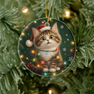 Cerâmica Gato Engraçado Envolto em Ornamento de Luzes de Na