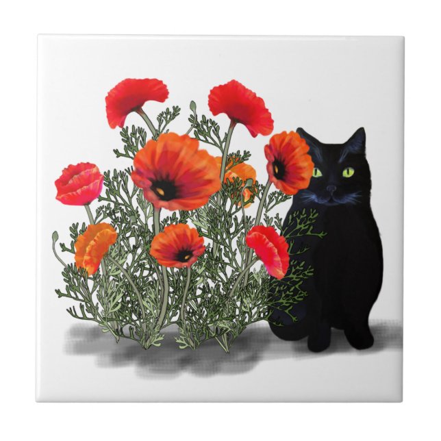 Cerâmica Gato Preto com Azulejo de Poppies (Frente)