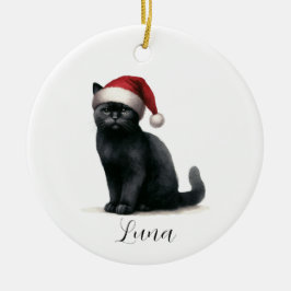 Cerâmica Gato Preto de Aquarela com Ornamento Festivo Santa