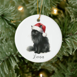 Cerâmica Gato Preto de Aquarela com Ornamento Festivo Santa